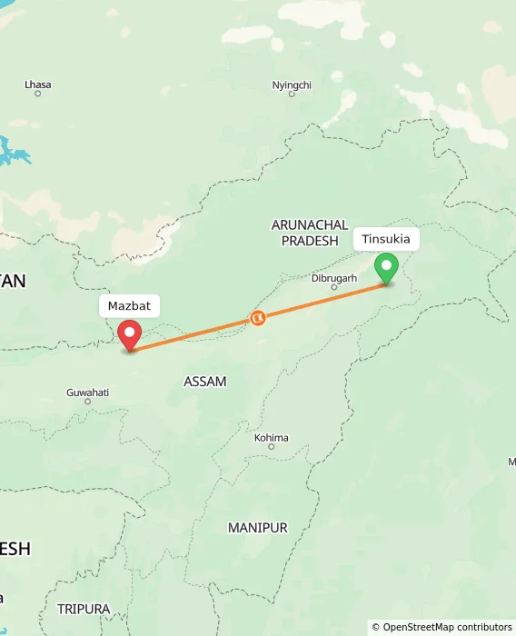 Route map showing distance and travel time from Tinsukia, India to Mazbat, India