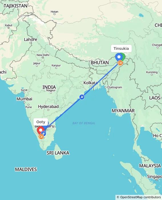 Route map showing distance and travel time from Tinsukia, India to Ooty, India