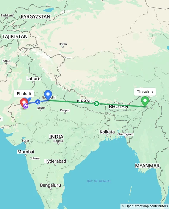 Route map showing distance and travel time from Tinsukia, India to Phalodi, India
