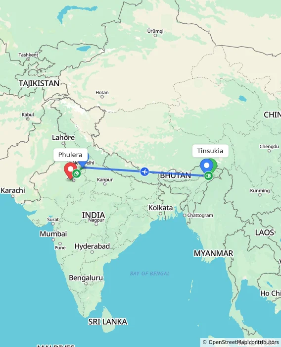 Route map showing distance and travel time from Tinsukia, India to Phulera, India