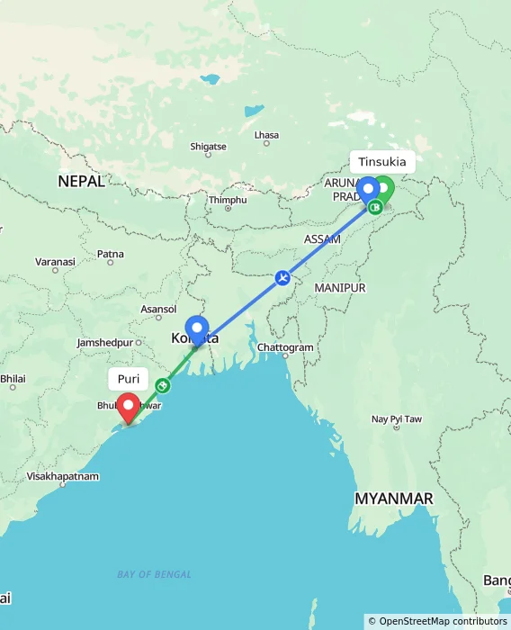 Route map showing distance and travel time from Tinsukia, India to Puri, India
