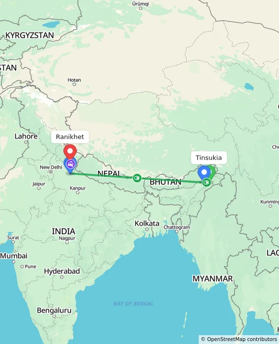 Route map showing distance and travel time from Tinsukia, India to Ranikhet, India