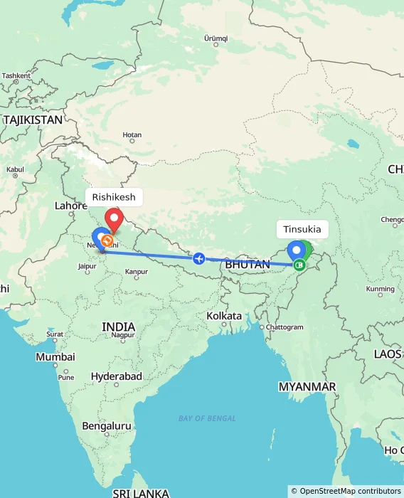 Route map showing distance and travel time from Tinsukia, India to Rishikesh, India