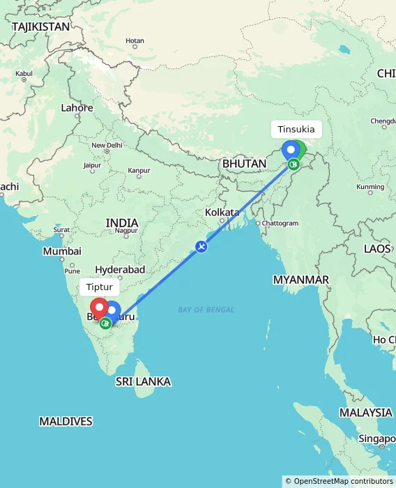 Route map showing distance and travel time from Tinsukia, India to Tiptur, India