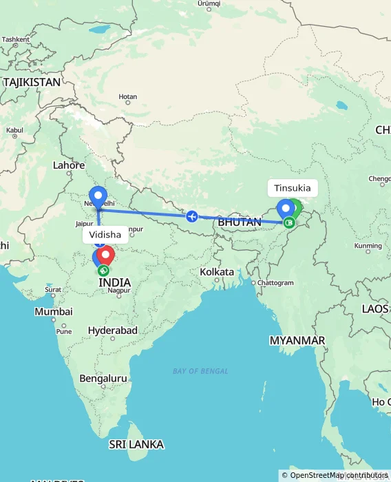 Route map showing distance and travel time from Tinsukia, India to Vidisha, India
