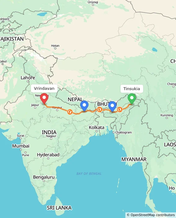Route map showing distance and travel time from Tinsukia, India to Vrindavan, India