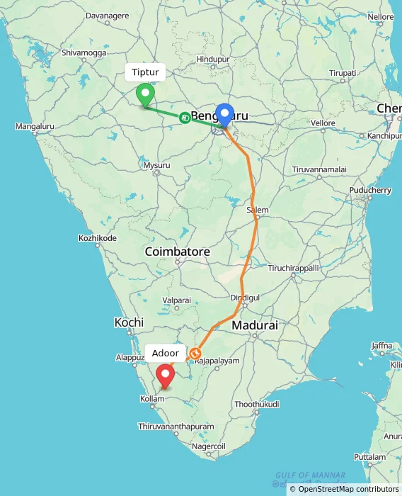 Route map showing distance and travel time from Tiptur, India to Adoor, India