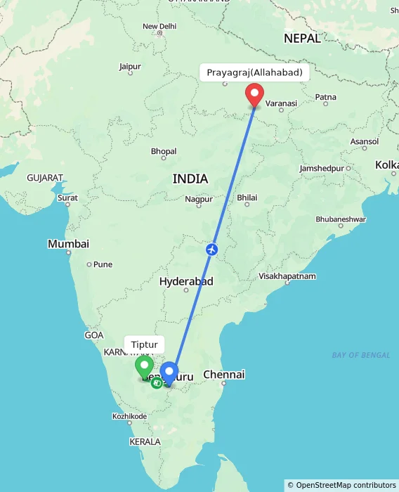 Route map showing distance and travel time from Tiptur, India to Allahabad, India