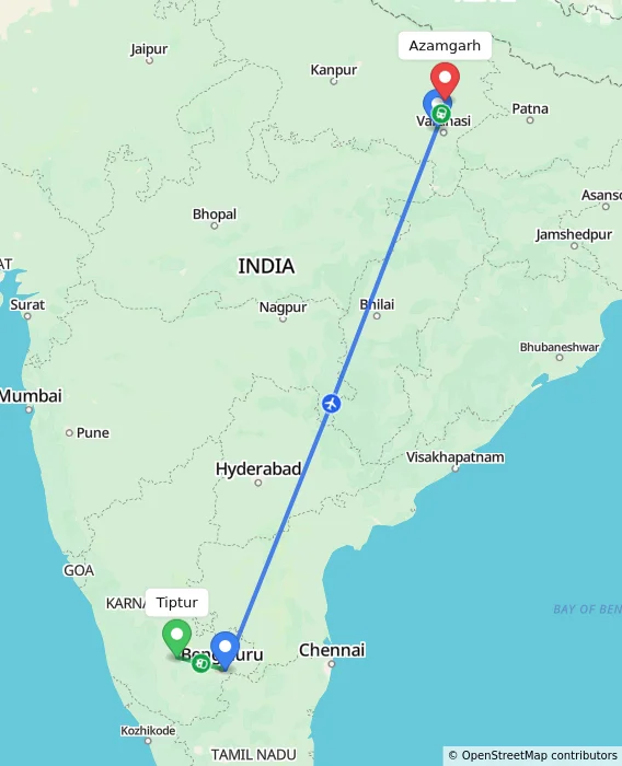 Route map showing distance and travel time from Tiptur, India to Azamgarh, India