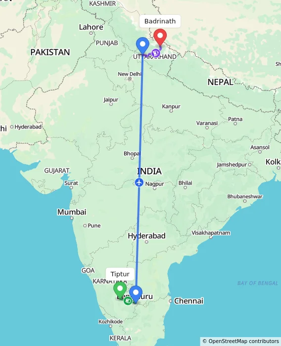 Route map showing distance and travel time from Tiptur, India to Badrinath, India