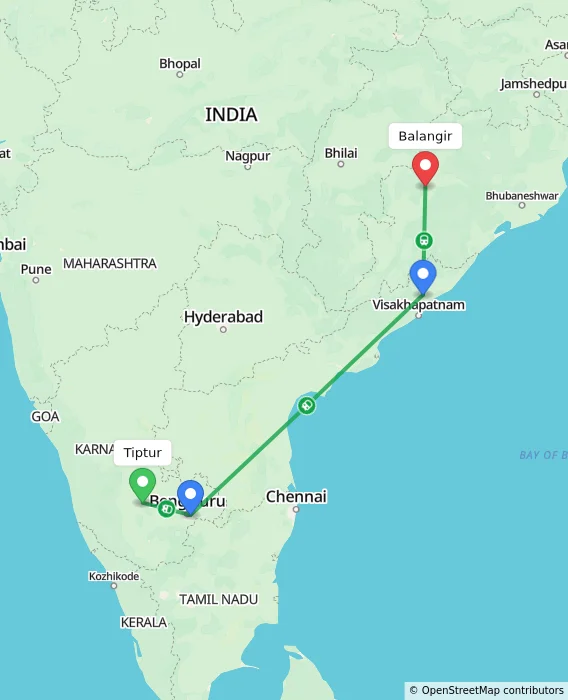 Route map showing distance and travel time from Tiptur, India to Balangir, India