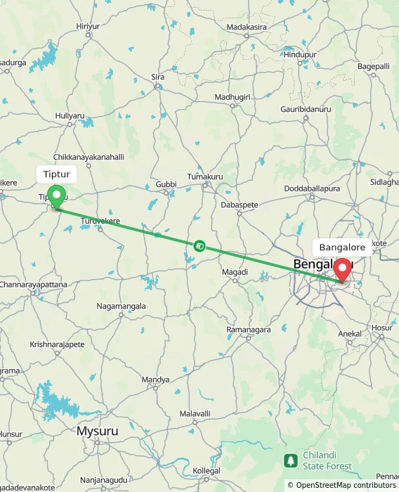 Route map showing distance and travel time from Tiptur, India to Bangalore, India
