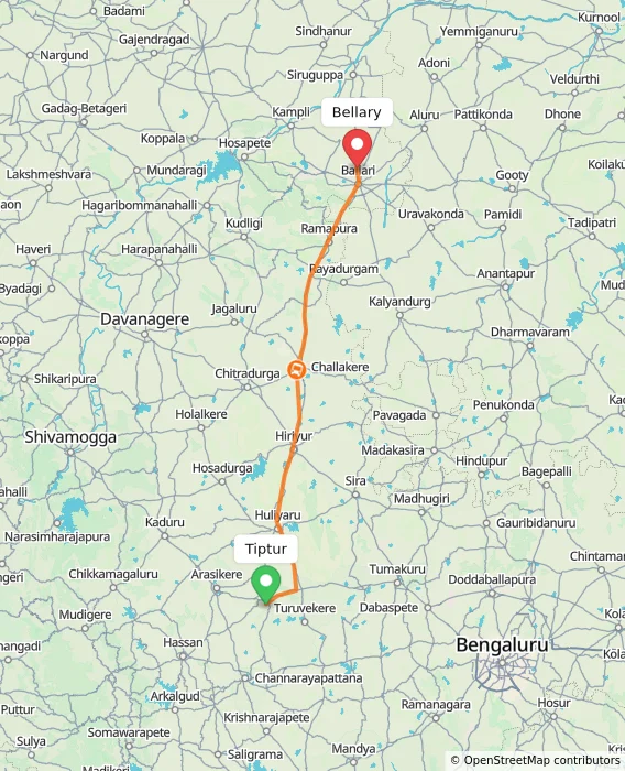 Route map showing distance and travel time from Tiptur, India to Bellary, India
