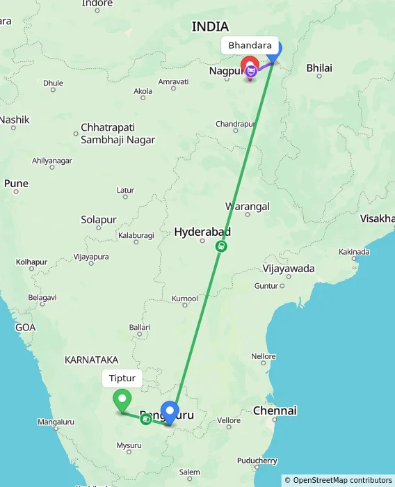 Route map showing distance and travel time from Tiptur, India to Bhandara, India