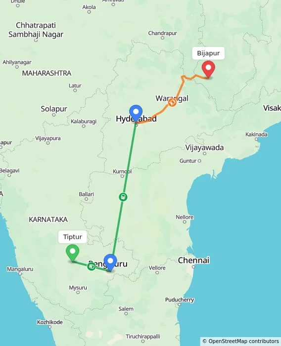 Route map showing distance and travel time from Tiptur, India to Bijapur, India