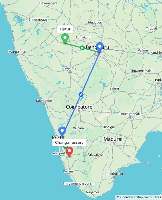 Route map showing distance and travel time from Tiptur, India to Changanassery, India