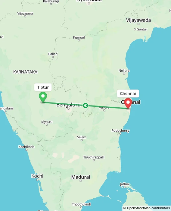 Route map showing distance and travel time from Tiptur, India to Chennai, India