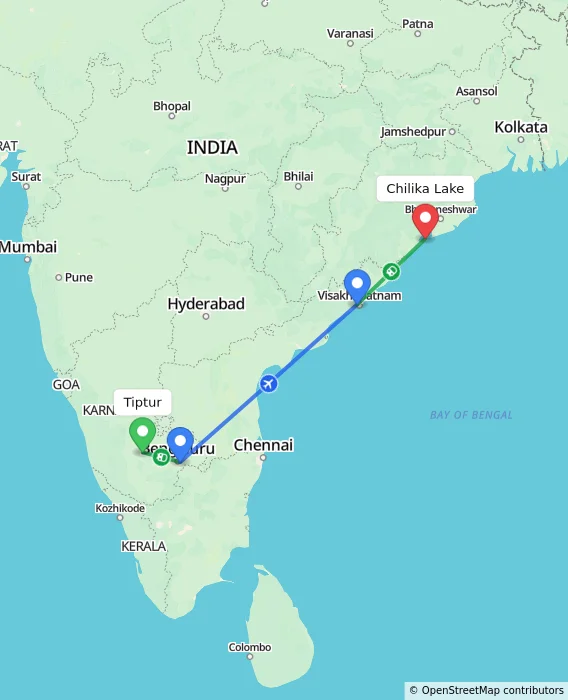 Route map showing distance and travel time from Tiptur, India to Chilika Lake, India