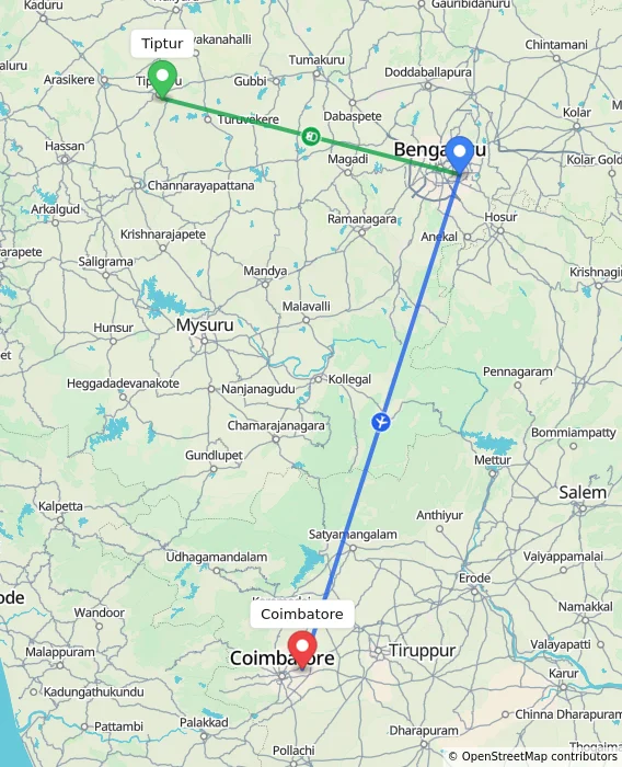 Route map showing distance and travel time from Tiptur, India to Coimbatore, India
