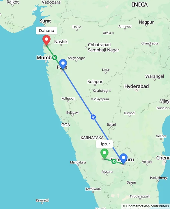 Route map showing distance and travel time from Tiptur, India to Dahanu, India