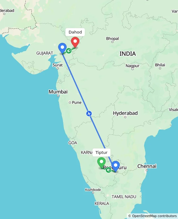 Route map showing distance and travel time from Tiptur, India to Dahod, India
