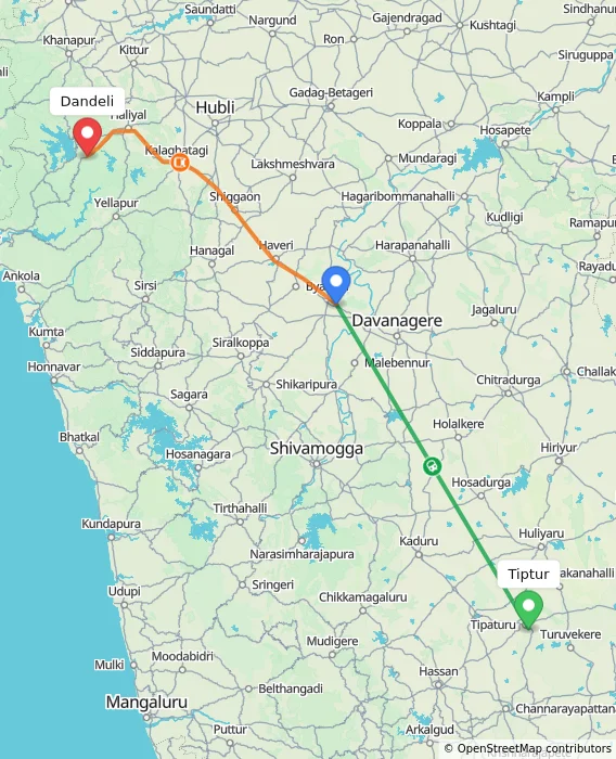 Route map showing distance and travel time from Tiptur, India to Dandeli, India