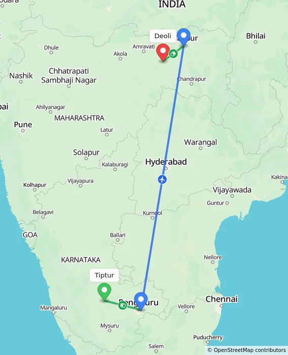 Route map showing distance and travel time from Tiptur, India to Deoli, India