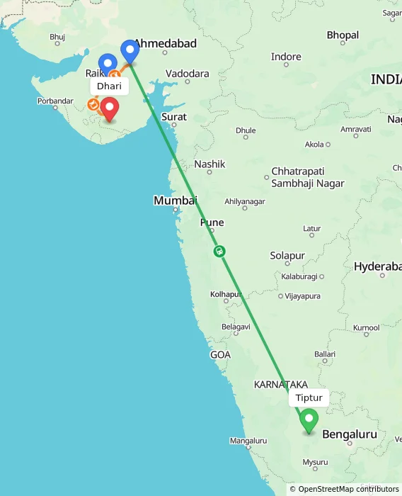 Route map showing distance and travel time from Tiptur, India to Dhari, India