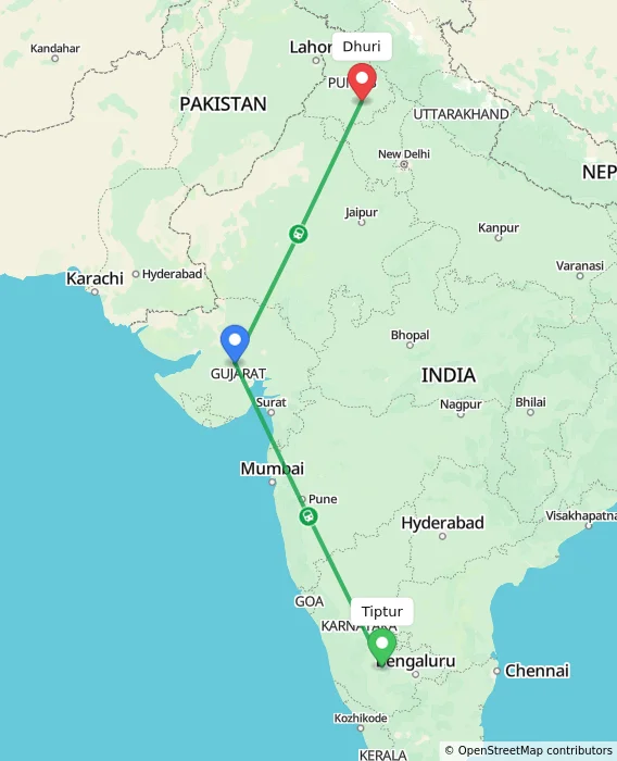 Route map showing distance and travel time from Tiptur, India to Dhuri, India