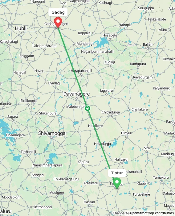 Route map showing distance and travel time from Tiptur, India to Gadag, India