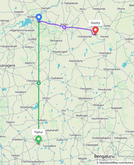 Route map showing distance and travel time from Tiptur, India to Gooty, India