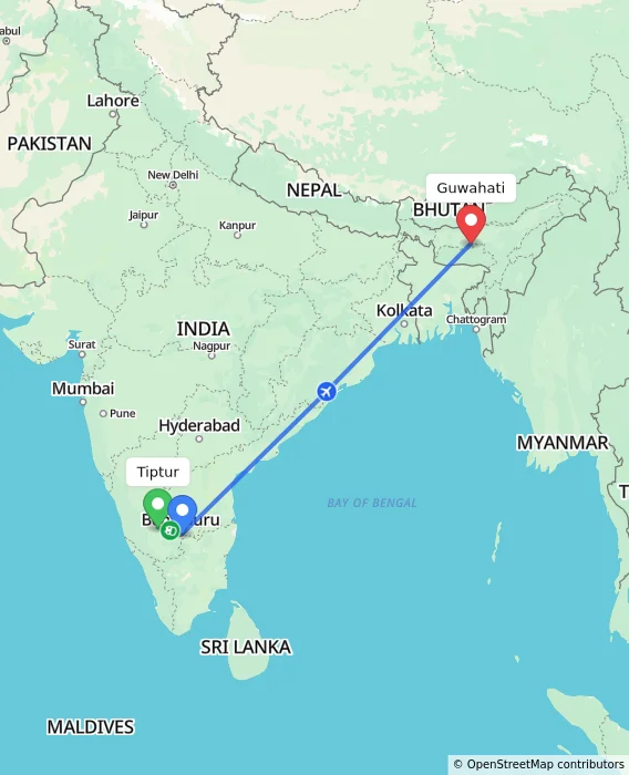 Route map showing distance and travel time from Tiptur, India to Guwahati, India