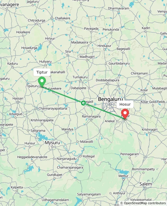 Route map showing distance and travel time from Tiptur, India to Hosur, India