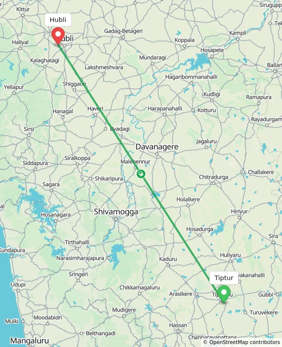 Route map showing distance and travel time from Tiptur, India to Hubli, India