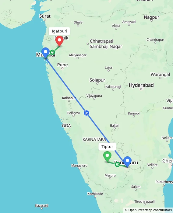 Route map showing distance and travel time from Tiptur, India to Igatpuri, India