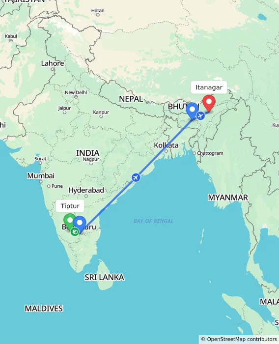 Route map showing distance and travel time from Tiptur, India to Itanagar, India