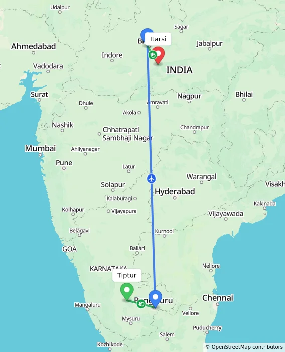 Route map showing distance and travel time from Tiptur, India to Itarsi, India