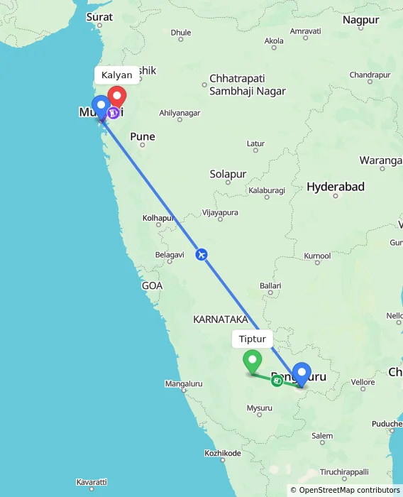 Route map showing distance and travel time from Tiptur, India to Kalyan, India