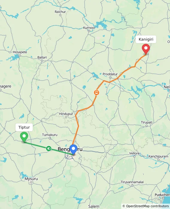 Route map showing distance and travel time from Tiptur, India to Kanigiri, India