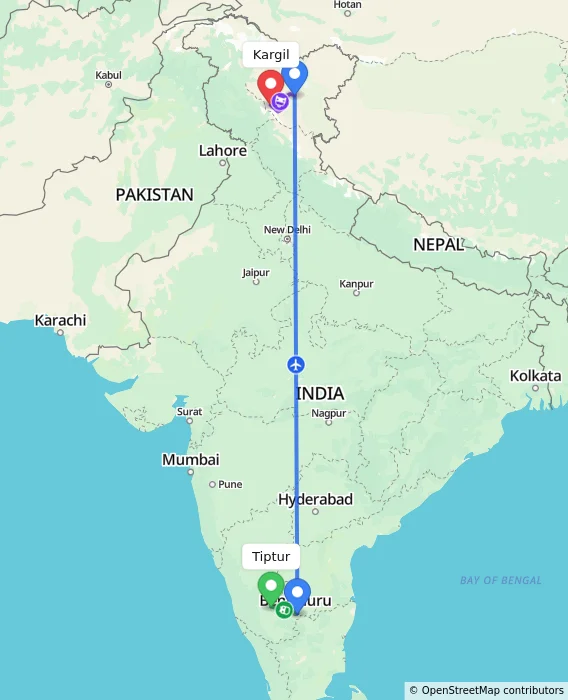 Route map showing distance and travel time from Tiptur, India to Kargil, India