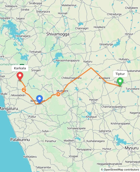 Route map showing distance and travel time from Tiptur, India to Karkala, India