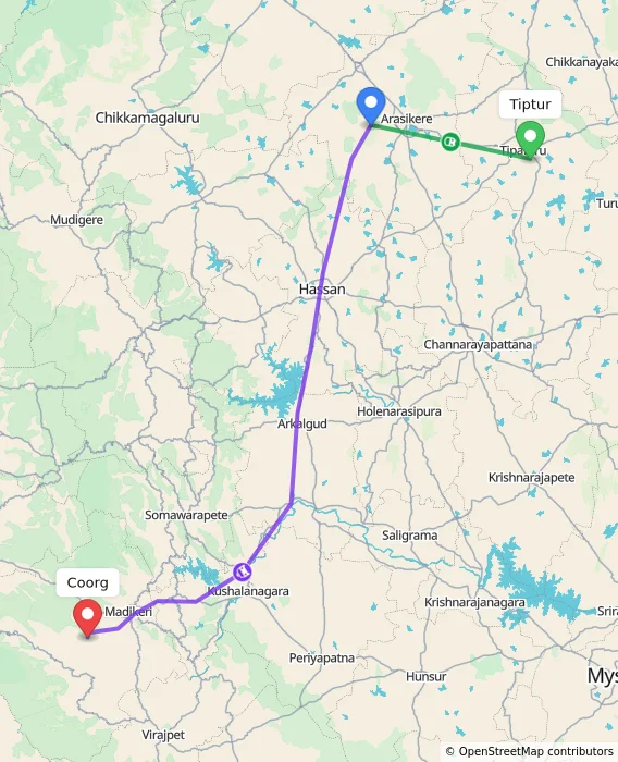Route map showing distance and travel time from Tiptur, India to Madikeri, India