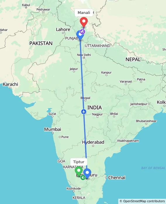 Route map showing distance and travel time from Tiptur, India to Manali, India