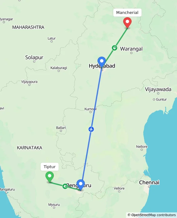Route map showing distance and travel time from Tiptur, India to Mancherial, India