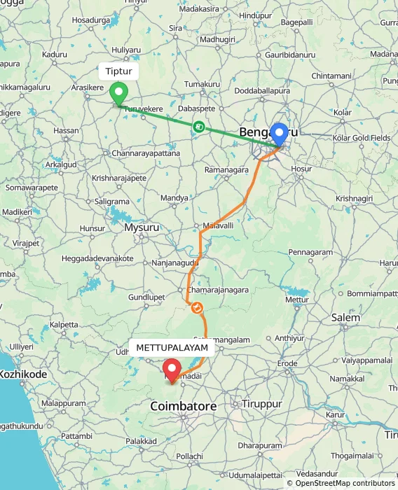Route map showing distance and travel time from Tiptur, India to METTUPALAYAM, India