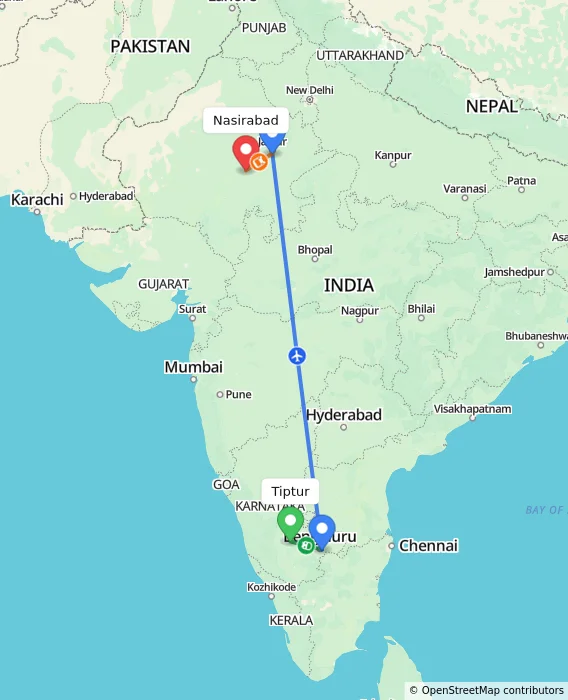 Route map showing distance and travel time from Tiptur, India to Nasirabad, India