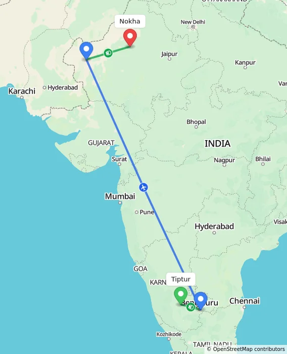 Route map showing distance and travel time from Tiptur, India to Nokha, India