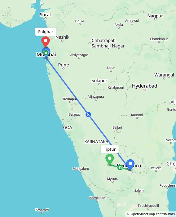 Route map showing distance and travel time from Tiptur, India to Palghar, India
