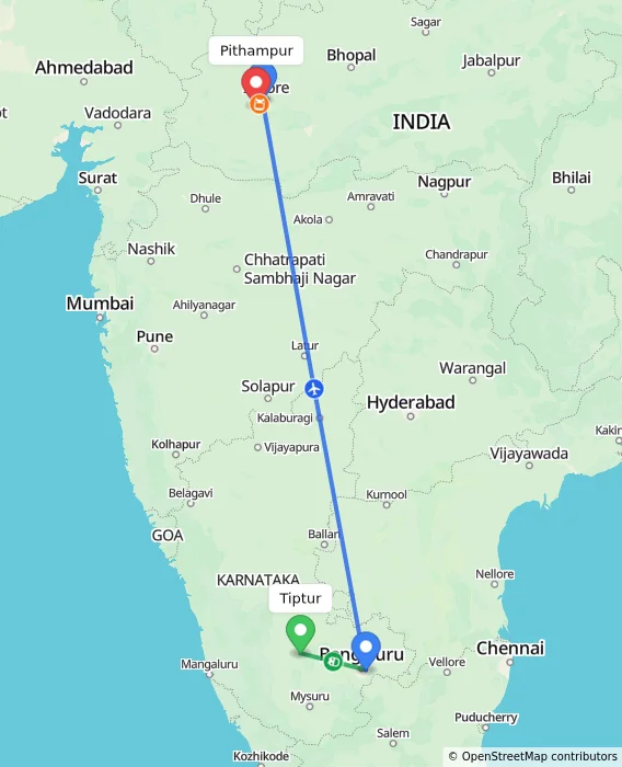 Route map showing distance and travel time from Tiptur, India to Pithampur, India