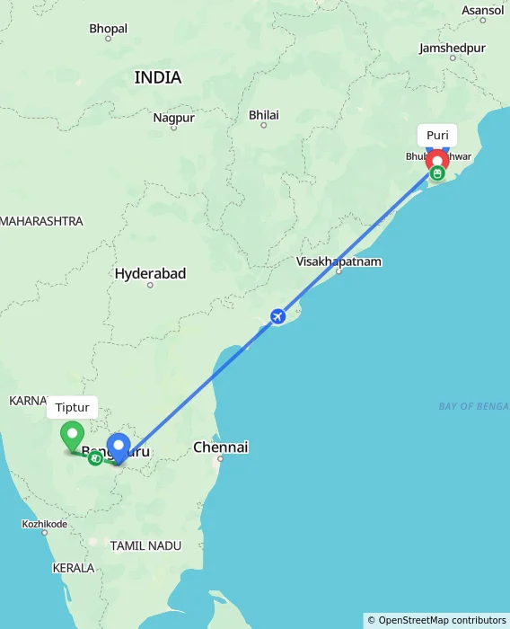 Route map showing distance and travel time from Tiptur, India to Puri, India